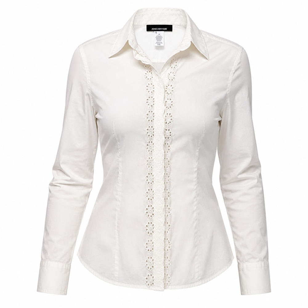 Jones New York Women's White Button-Down Shirt with Floral Eyelet Lace Inset